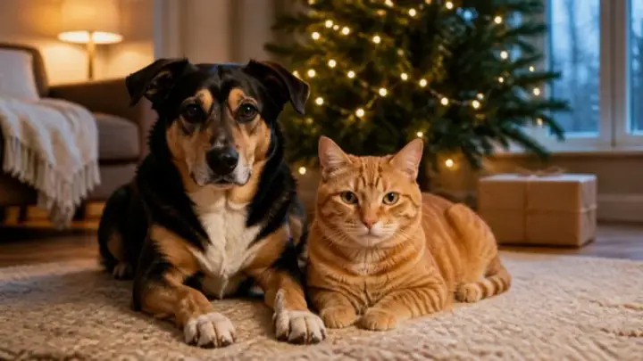Un chien noir, feu et blanc et un chat tigré roux sont allongés côte à côte sur un tapis devant un sapin de Noël illuminé.
