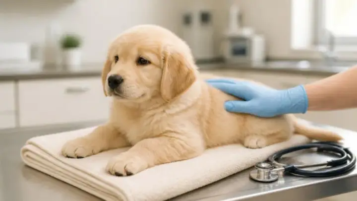 A cream-colored puppy lies on a towel on a steel exam table as a blue-gloved hand rests on its back, beside a stethoscope.