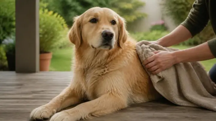 Un perro dorado de pelo largo echado en una terraza de madera en un jardín mientras una persona le seca el lomo con una toalla.
