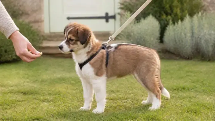 A brown and white puppy in a harness and leash stands on grass as a person's hand offers it a small treat.