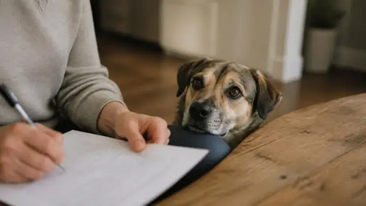 A brown and tan dog rests its chin beside a wooden table and looks up while a person writes on a sheet of paper.