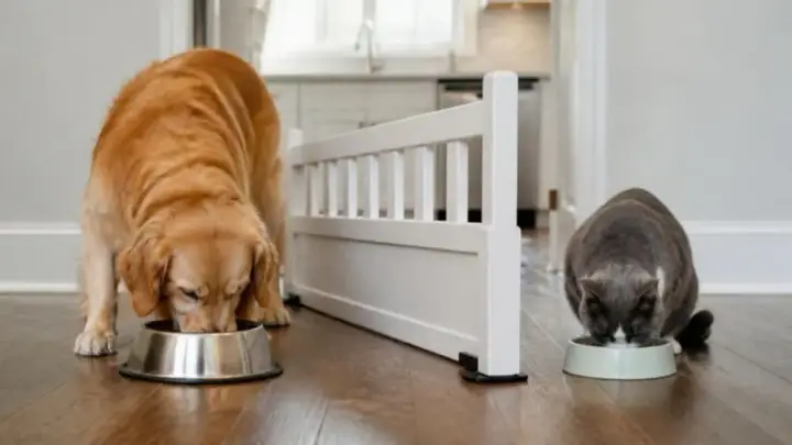 A golden long-haired dog and a gray cat eat from their own bowls on opposite sides of a low white gate in a home.
