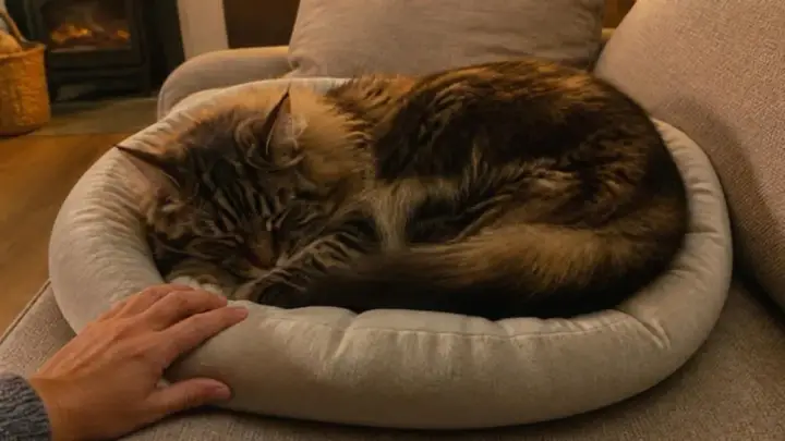 Un gatto tigrato a pelo lungo dorme acciambellato in una cuccia rotonda su un divano, con la mano di una persona appoggiata sul bordo della cuccia.