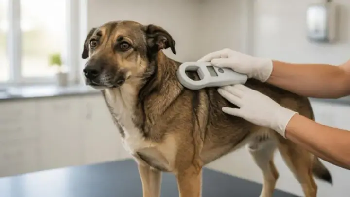 Gloved hands hold a microchip scanner over the shoulders of a brown dog standing on a clinic table.