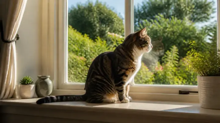 A tabby cat sits on a sunny windowsill, looking out at a green garden.