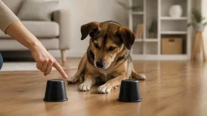 A brown and black dog lies on a wooden floor looking at a person's hand pointing to one of two black cups.