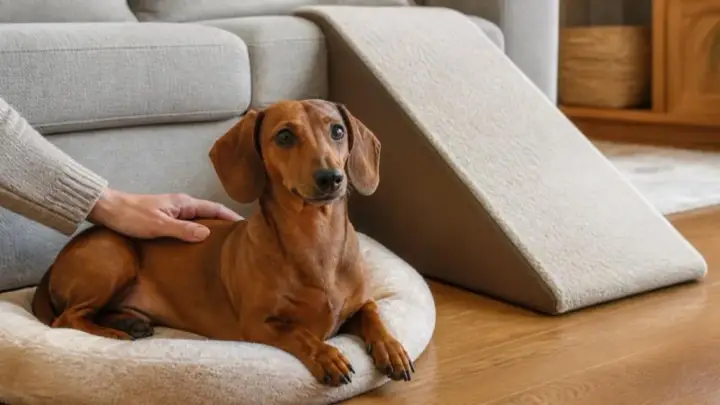 Un teckel brun est allongé sur un coussin rond, une main posée sur son dos, à côté d’une rampe recouverte de moquette qui mène à un canapé.