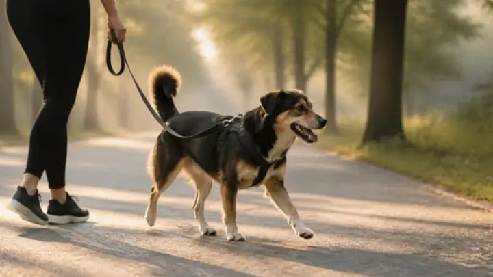 A black and tan dog in a harness trots on a leash next to a person in black leggings on a sunlit, tree-lined path.