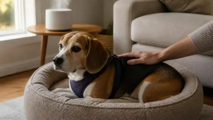 A tricolor dog wearing a harness lies in a round bed while a hand strokes its back and a humidifier steams nearby.