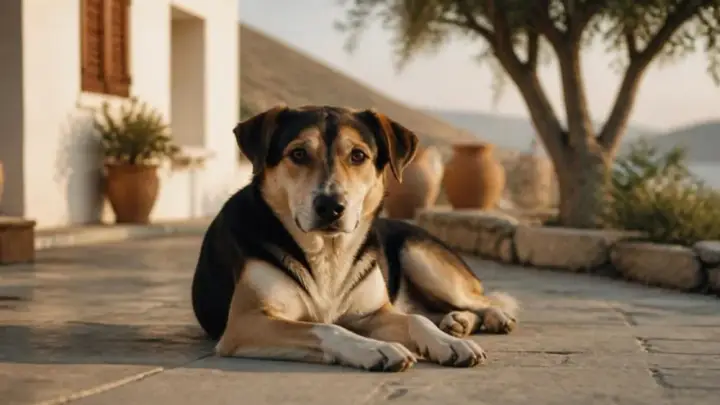 A black, tan and white dog lies on a stone terrace in front of a white house with clay pots and a tree.