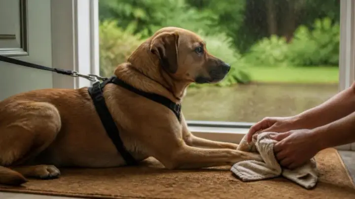 A tan dog in a harness lies on a doormat by an open door while two hands wipe its front paw with a towel.
