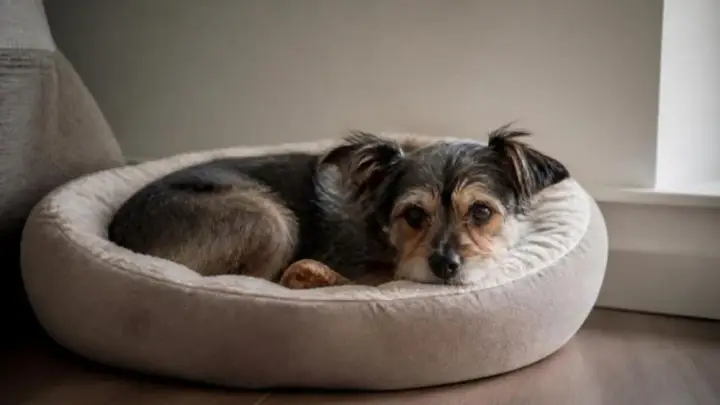 A small black and tan dog with scruffy ears lies curled up in a round beige dog bed on a wooden floor.