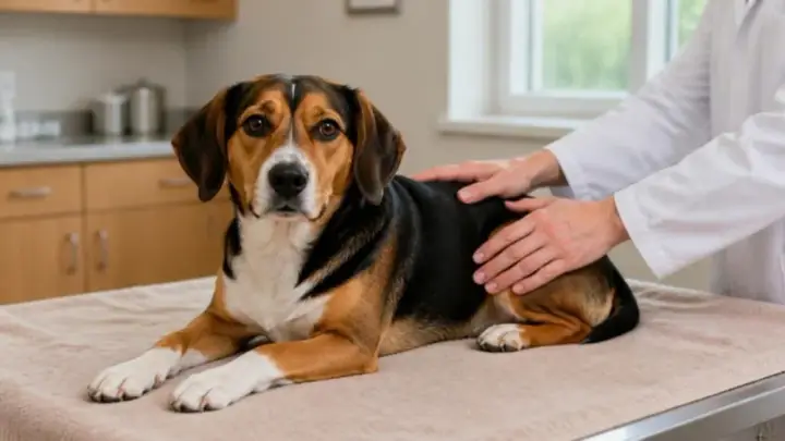 黒・タン・白の毛色の犬が診察台に横たわり、白衣を着た人が両手でその脇腹を触って確かめている。