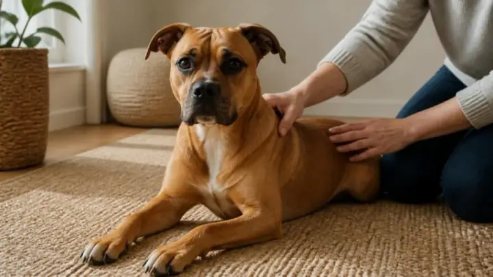 Un chien fauve à poil court est allongé sur un tapis tissé pendant qu’une personne agenouillée lui palpe l’épaule et le flanc des deux mains.