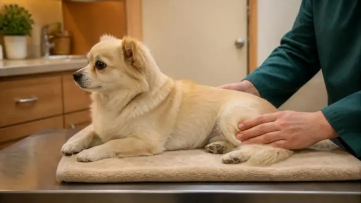 A small cream-colored dog lies on a towel on a metal exam table while a person in green places both hands on its hip.