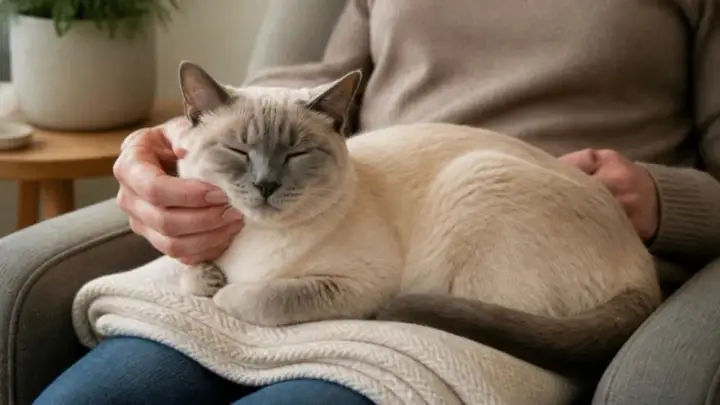 A cream and gray cat with closed eyes lies on a blanket on a person's lap while a hand strokes its cheek.