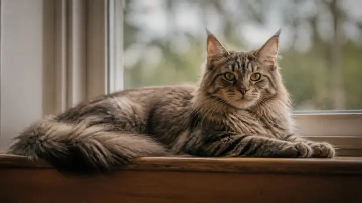 Eine große, langhaarige braun getigerte Maine Coon liegt in weichem Licht auf einer hölzernen Fensterbank.