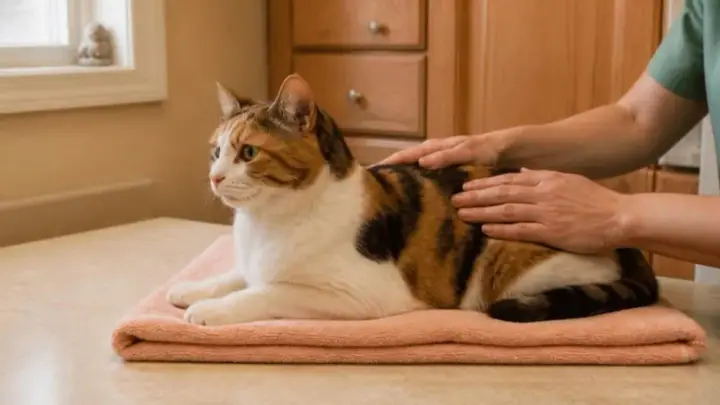 Un gato tricolor está acostado sobre una toalla doblada mientras una persona con uniforme clínico verde apoya ambas manos en su costado.