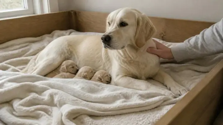 A cream-colored dog lies on blankets in a wooden box with three newborn puppies while a hand rests on its shoulder.