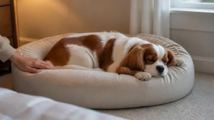 Uzun kulaklı, kahverengi-beyaz bir köpek yuvarlak bej bir yatakta kıvrılmış uyuyor; bir kişinin eli yatağın kenarında duruyor.