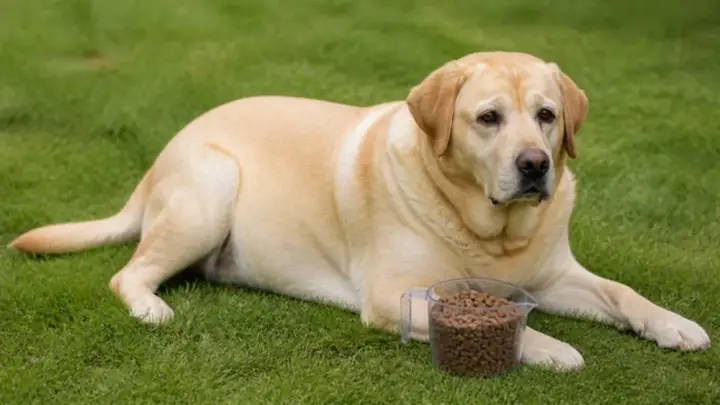 A heavy yellow Labrador lies on green grass beside a measuring cup filled with dry dog food.