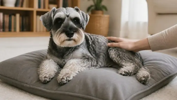 A gray schnauzer lies on a large gray floor cushion in a living room while a person's hand rests on its back.