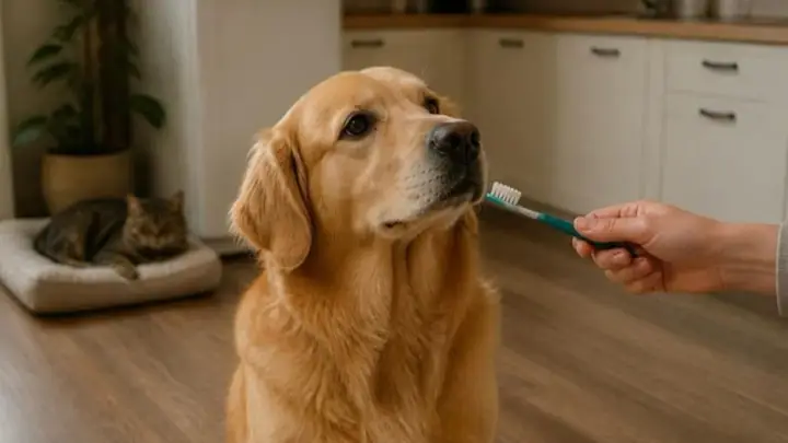 Un chien au pelage doré est assis dans une cuisine tandis qu’une main tient une brosse à dents près de sa gueule, avec un chat couché sur un panier pour animaux derrière lui.