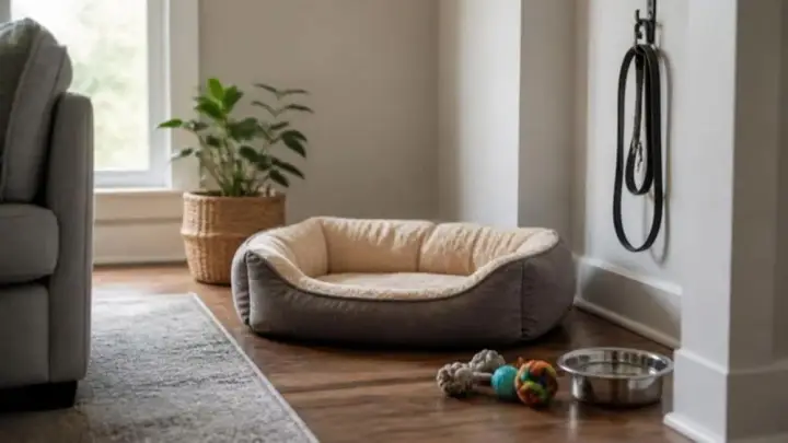 An empty dog bed in the corner of a living room, with rope toys and a metal bowl on the floor and a leash on a hook.