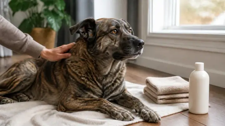 Žíhaný pes leží na ručníku na dřevěné podlaze, ruka se dotýká jeho krku a poblíž jsou bílá lahev a ručníky.
