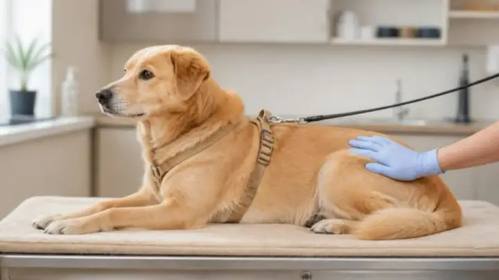 A tan dog wearing a harness and leash lies on a padded exam table while a gloved hand rests on its back.