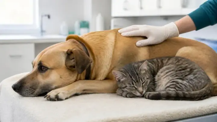 A tan dog and a gray tabby cat lie side by side on a padded table in a clinic while a gloved hand rests on the dog.