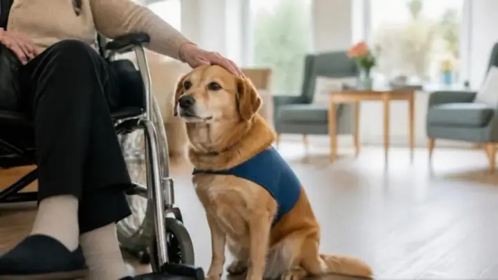Un chien brun doré portant un gilet bleu est assis à côté d’une personne en fauteuil roulant, qui lui pose une main sur la tête, dans un salon lumineux.