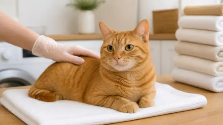 An orange tabby cat lies on a white towel while a gloved hand rests on its back, with folded towels stacked nearby.