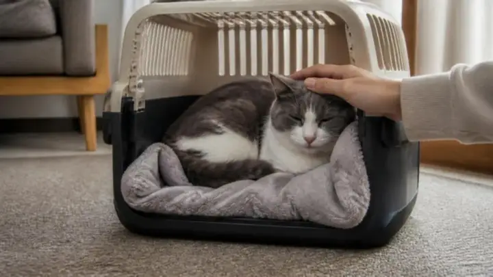 A gray and white cat lies on a soft blanket in an open pet carrier while a person gently strokes its head.