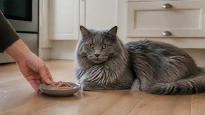 A fluffy gray cat lies on a kitchen floor while a person's hand sets a small dish of food in front of it.