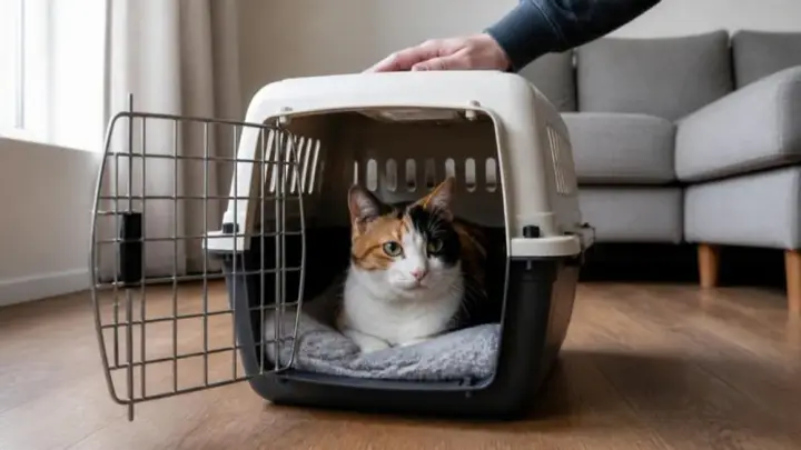 A calico cat lies on a gray blanket inside a carrier with its door open while a hand rests on top of the carrier.