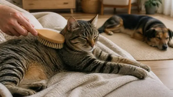 A hand brushes a tabby cat lying on a blanket while a dog sleeps on a rug in the background.