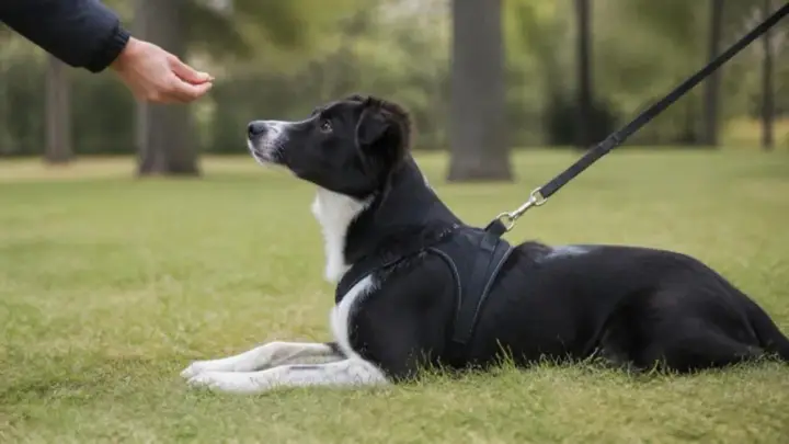 A black and white dog in a harness and leash lies on grass in a park and looks up at a person's outstretched hand.