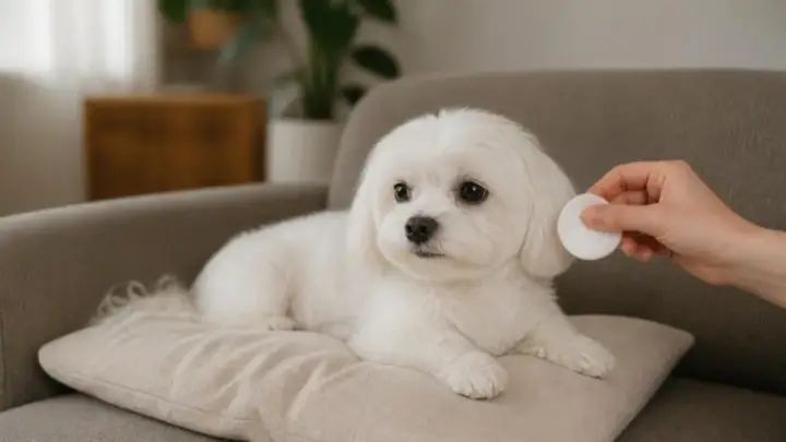 A small fluffy white dog lies on a cushion on a gray sofa while a person's hand holds a round cotton pad beside its face.