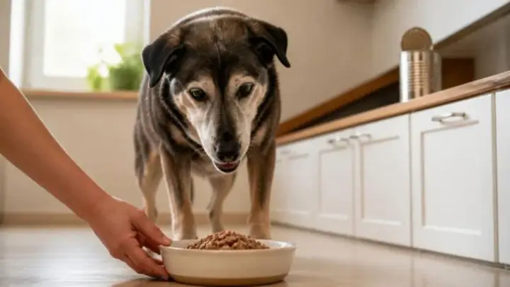 A black and tan dog with a graying muzzle stands over a bowl of wet food that a hand places on a kitchen floor.