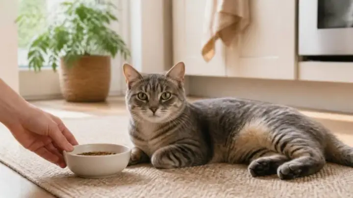 A gray tabby cat lies on a woven rug in a kitchen while a hand sets a white bowl of food in front of it.