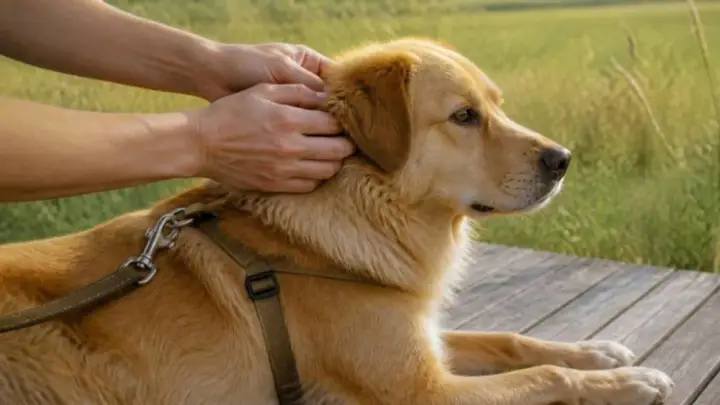 Two hands part the fur behind the ear of a golden-colored dog lying on a wooden deck beside a grassy field.