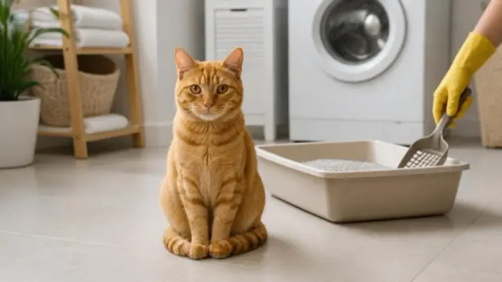 Un gatto tigrato arancione è seduto su un pavimento piastrellato mentre, dietro di lui, una mano con un guanto giallo pulisce la lettiera con la paletta.