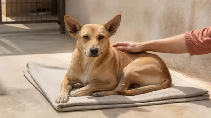 A tan short-haired dog with upright ears lies on a folded blanket on concrete while a person's hand rests on its back.