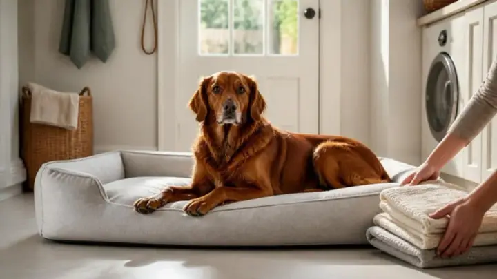 A reddish-brown dog lies on a gray dog bed in a laundry room while a person stacks folded towels beside it.