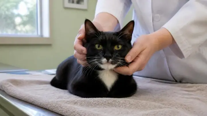 A black and white cat lies on a towel on an exam table while a person in a white coat holds its head with both hands.