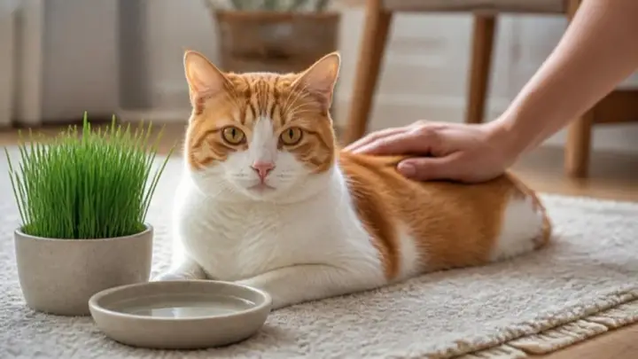 A ginger and white cat lies on a rug next to a pot of green grass and a water dish while a hand strokes its back.