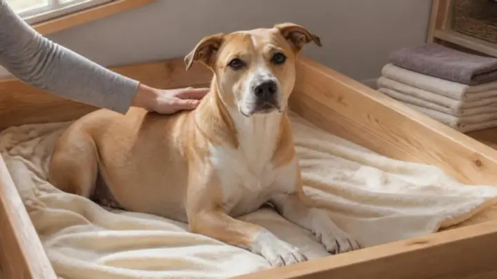 A tan and white dog lies on blankets in a low wooden box while a person's hand rests on its back.