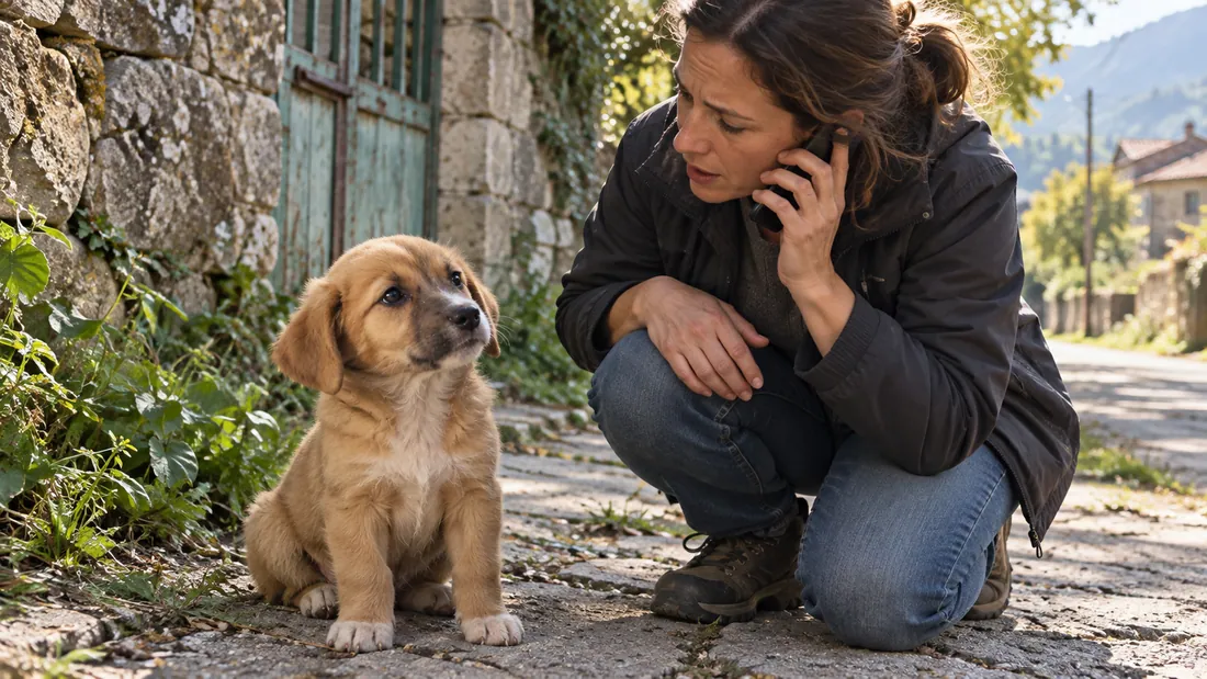 A woman on the phone, crouching beside a puppy on a village street