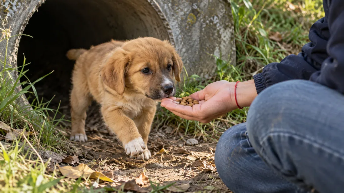 A hand offering food to a puppy coming out of a pipe